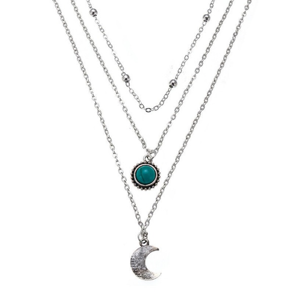 Boho Silver Moon Turquoise Pendant Layer Necklace - Picture 3 of 8